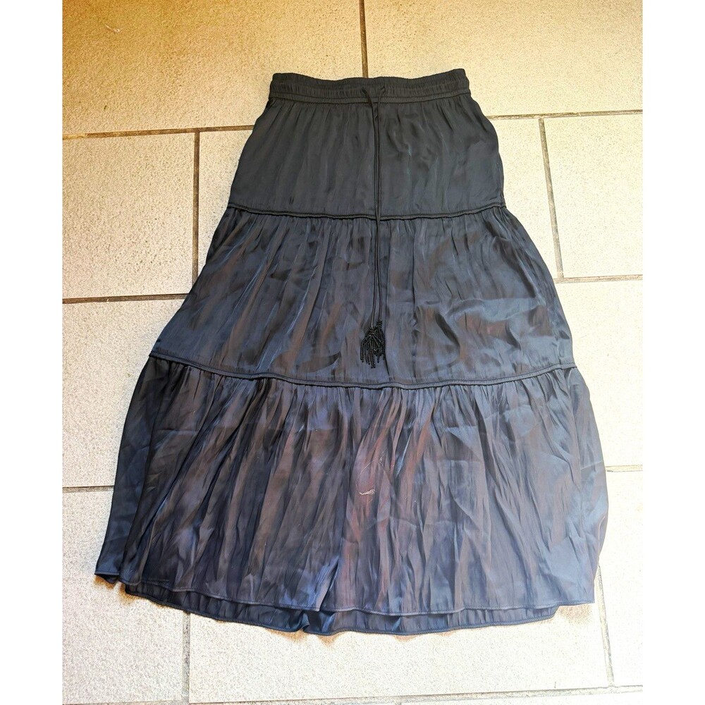 Satin Boho Goth Maxi Skirt Tiered with Waist Drawstrings